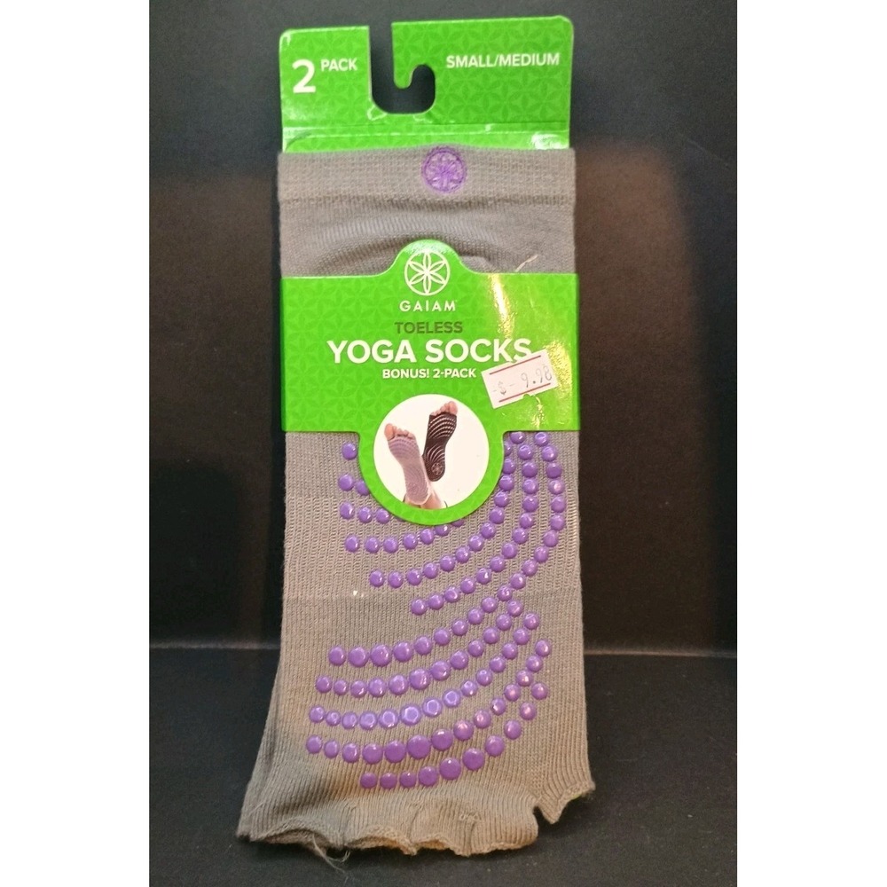 Gaiam yoga socks. Toeless with sticky grip dots Non Slip 2-pair pack. grey black